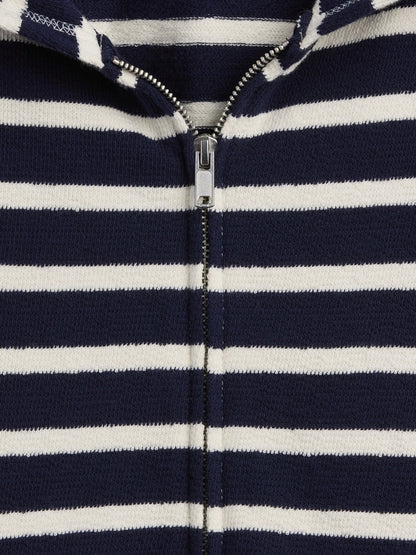 Lacivert Havlu Terry Oversized Çizgili Fermuarlı Sweatshirt