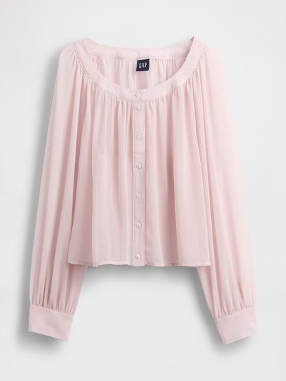 Açık Pembe Sheer Button-front Transparan Gömlek