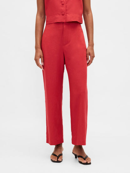 Kırmızı Keten Karışımlı Relaxed Straight Ankle Pantolon