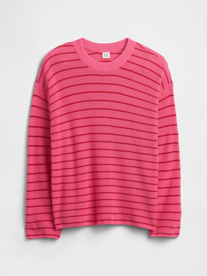 Pembe Oversized Çizgili Shaker Örgü Kazak