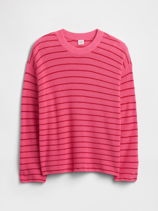 Pembe Oversized Çizgili Shaker Örgü Kazak