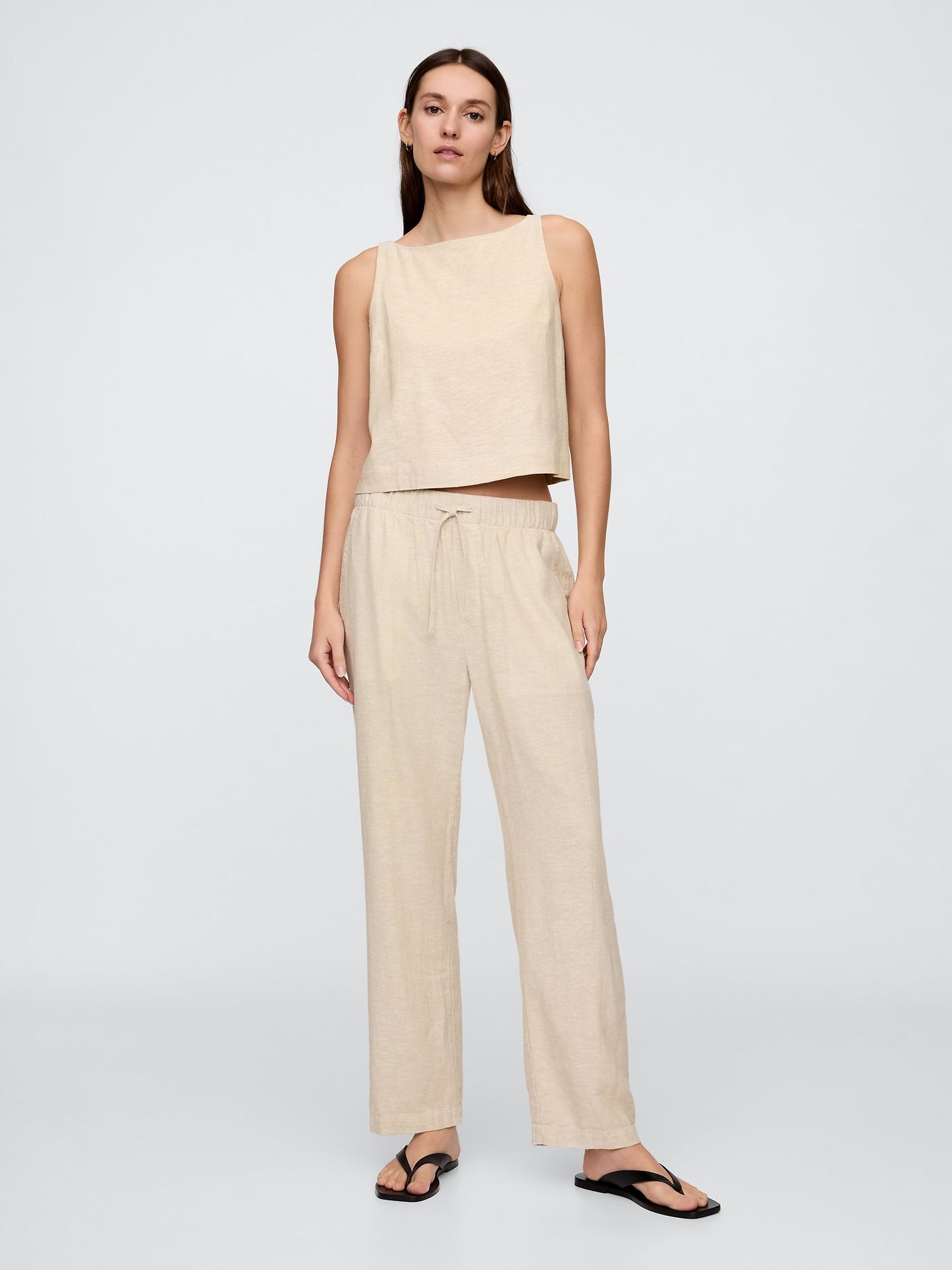 Bej Mid Rise Keten Karışımlı Pull-on Pantolon