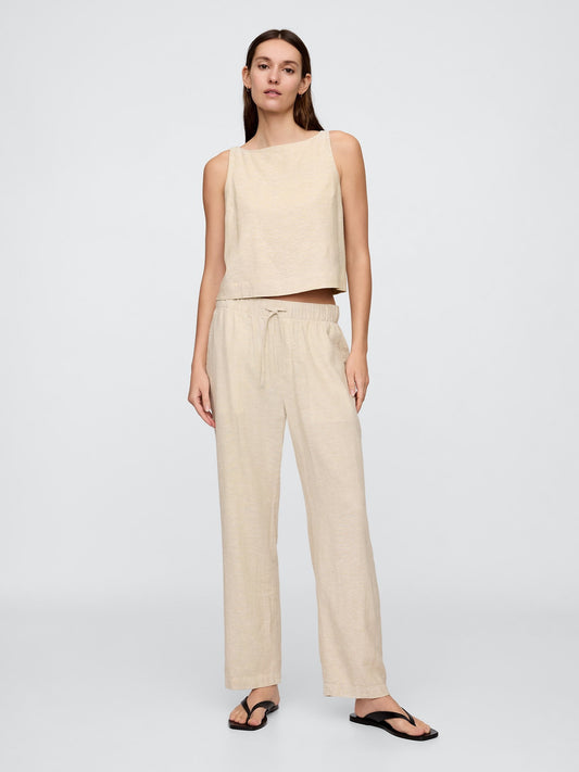 Bej Mid Rise Keten Karışımlı Pull-on Pantolon