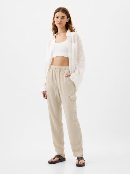 Bej Mid Rise Easy Keten Karışımlı Kargo Pantolon