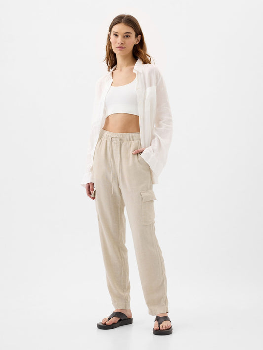 Bej Mid Rise Easy Keten Karışımlı Kargo Pantolon