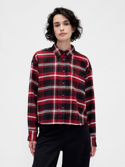 Bordo Flannel Straight-hem Crop Gömlek