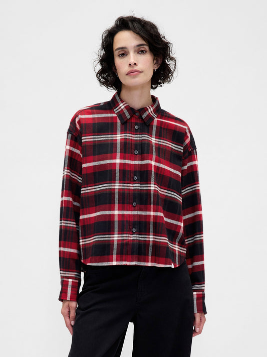 Bordo Flannel Straight-hem Crop Gömlek