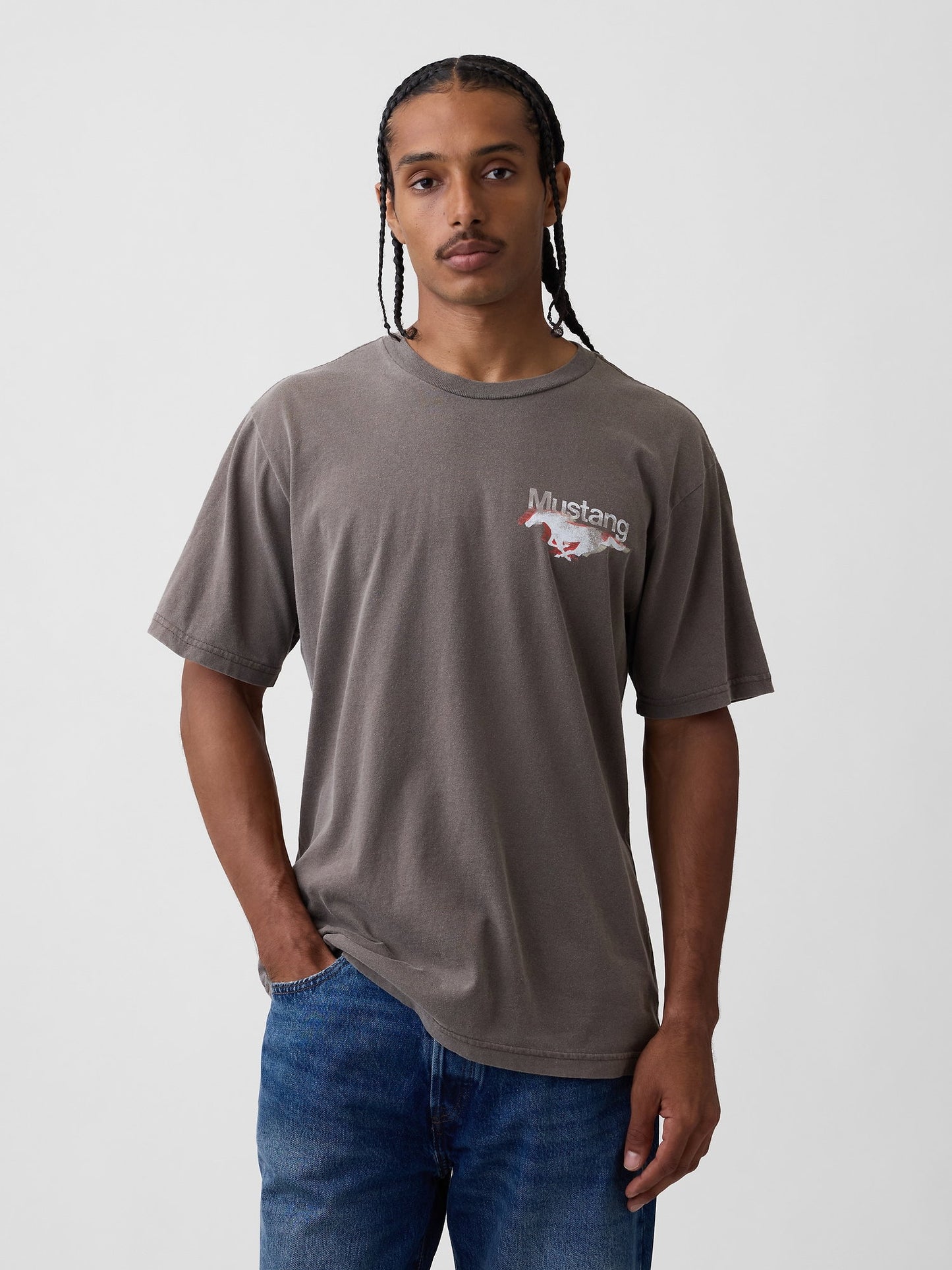 Gri Ford Mustang Heavyweight Crop Grafik T-shirt