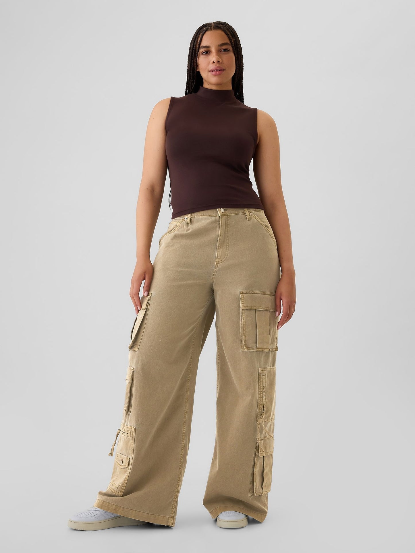 Bej Mid Rise Relaxed Kargo Pantolon