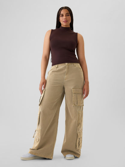 Bej Mid Rise Relaxed Kargo Pantolon