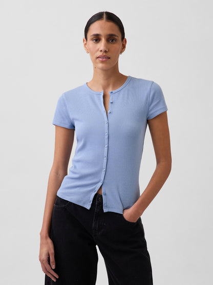 Açık Mavi Modern Fitilli Düğmeli Bisiklet Yaka T-shirt