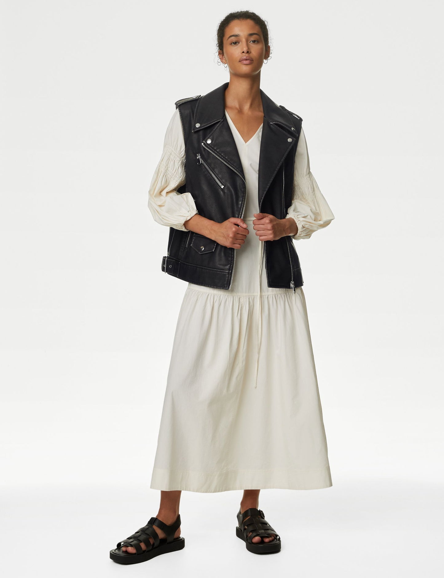 Relaxed Fit Suni Deri Biker Yelek