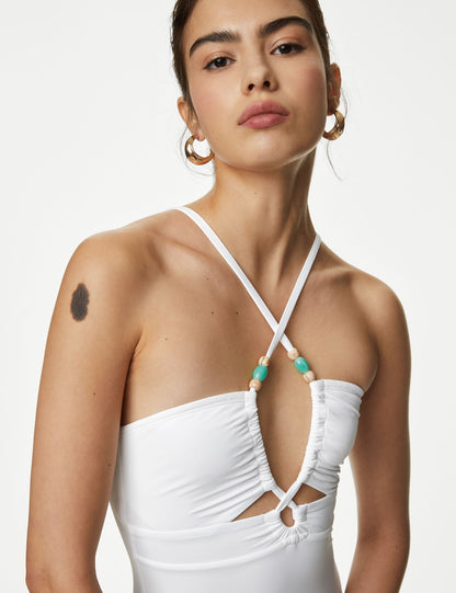 Boncuk Detaylı Cut Out Bandeau Mayo