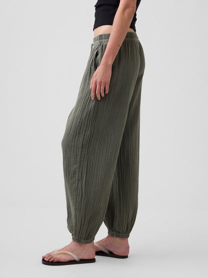 Beyaz Pamuk Gauze Barrel Jogger Pantolon