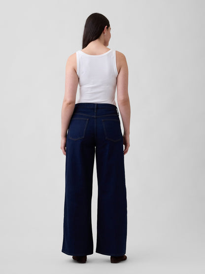 Koyu Mavi Mid Rise Wide-leg Jean Pantolon