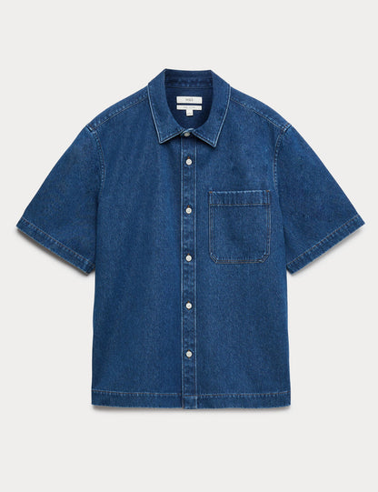 Saf Pamuklu Denim Kısa Kollu Gömlek