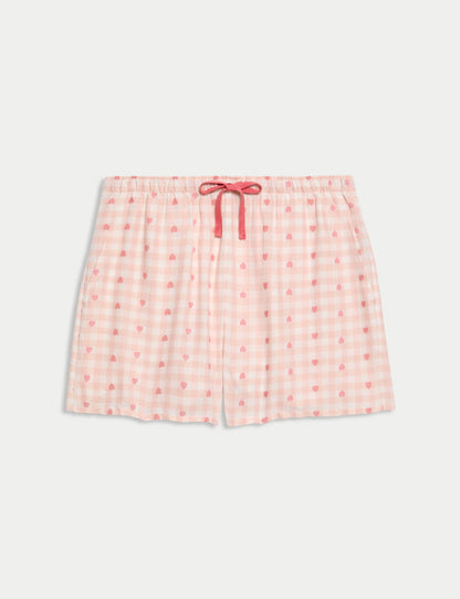 Pamuklu Kareli Kalp Desenli Pijama Şortu