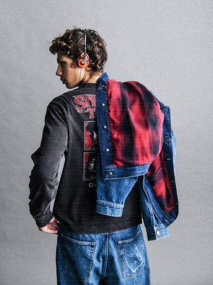 Mavi Stranger Things Flannel-astarlı Icon Denim Ceket
