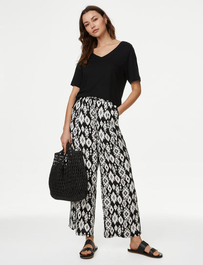 Yüksek Bel Desenli Crop Wide Leg Pantolon