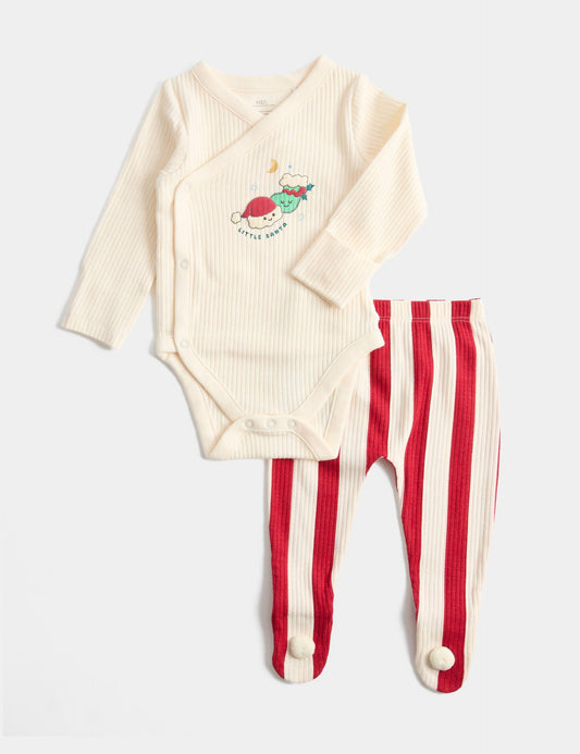 2'li Pamuk Karışımlı Little Santa Baskılı Takım