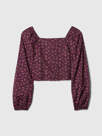 Kırmızı Desenli Balon Kol Crop T-shirt