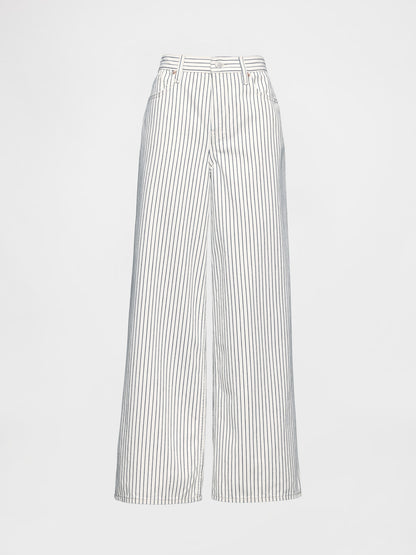 Kırık Beyaz Mid Rise Denim Çizgili Baggy Jean Pantolon