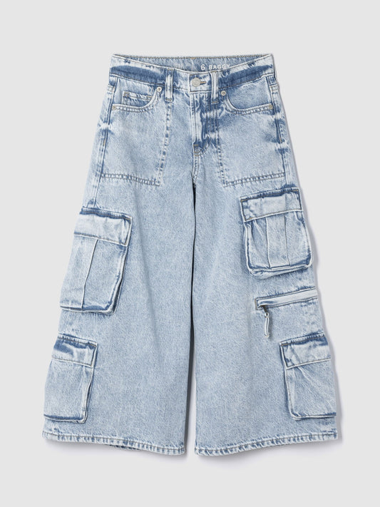 Açık Mavi Mid Rise Double Kargo Baggy Jean Pantolon