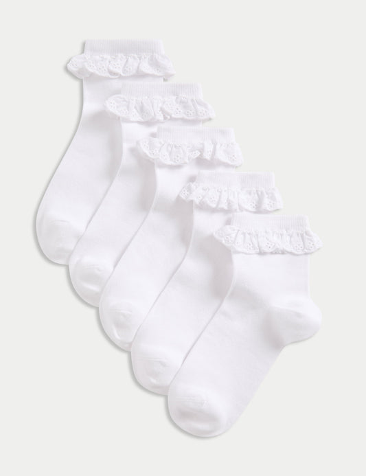 5'li Saf Pamuk Karışımlı Broderie Frill Okul Çorabı