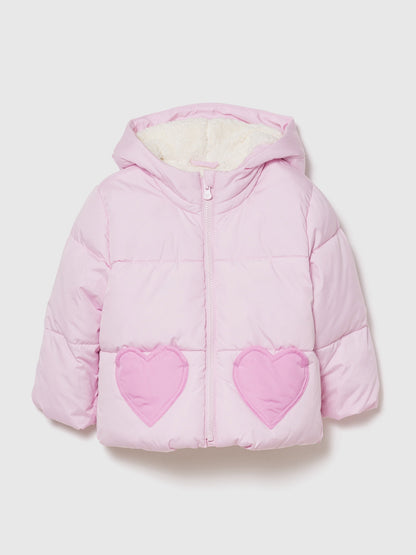 Pembe Kalp Desenli Şişme Puffer Mont