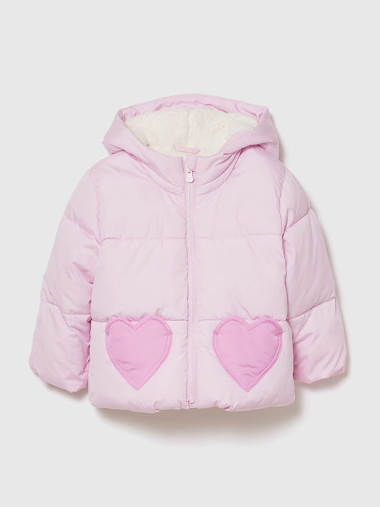 Pembe Kalp Desenli Şişme Puffer Mont