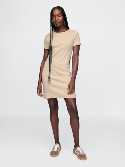 Bej Fitilli Mini T-shirt Elbise