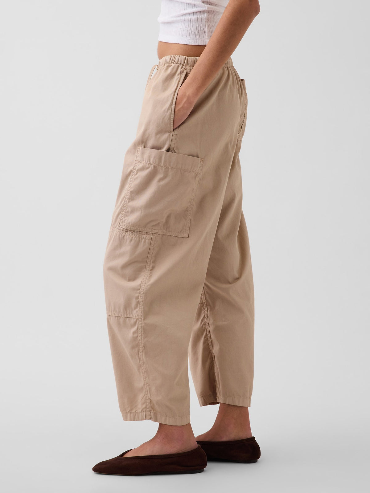 Bej Mid Rise Twill Easy Barrel Utility Pantolon