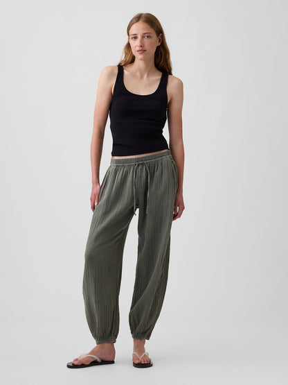 Beyaz Pamuk Gauze Barrel Jogger Pantolon