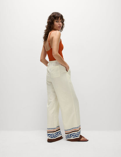Keten Desenli Wide Leg Pantolon