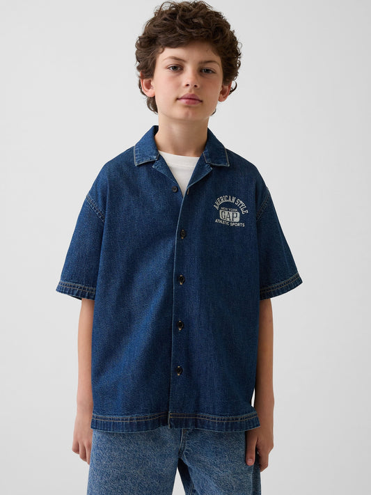Koyu Mavi Kids Denim Relaxed New York Logo Gömlek