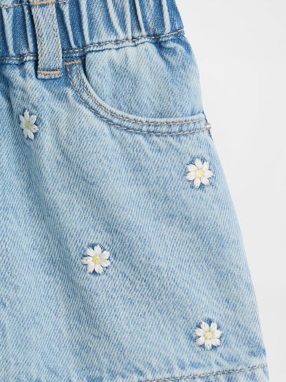 Açık Mavi Papatya Işlemeli Denim Stride Şort