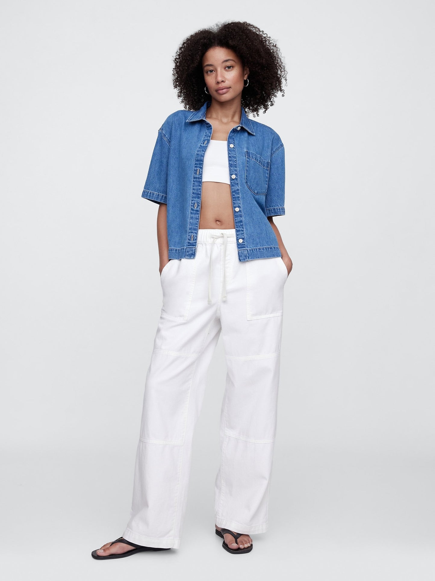 Beyaz Pull-on Wide Leg Jean Pantolon