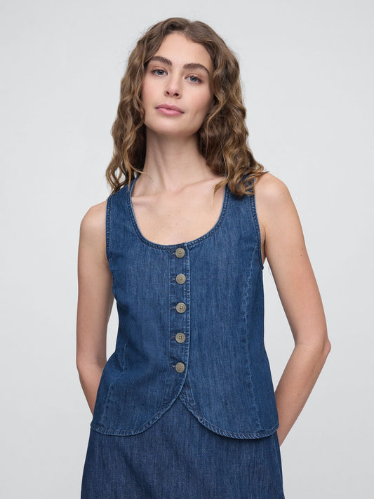 Mavi V Yaka Denim Askılı Bluz