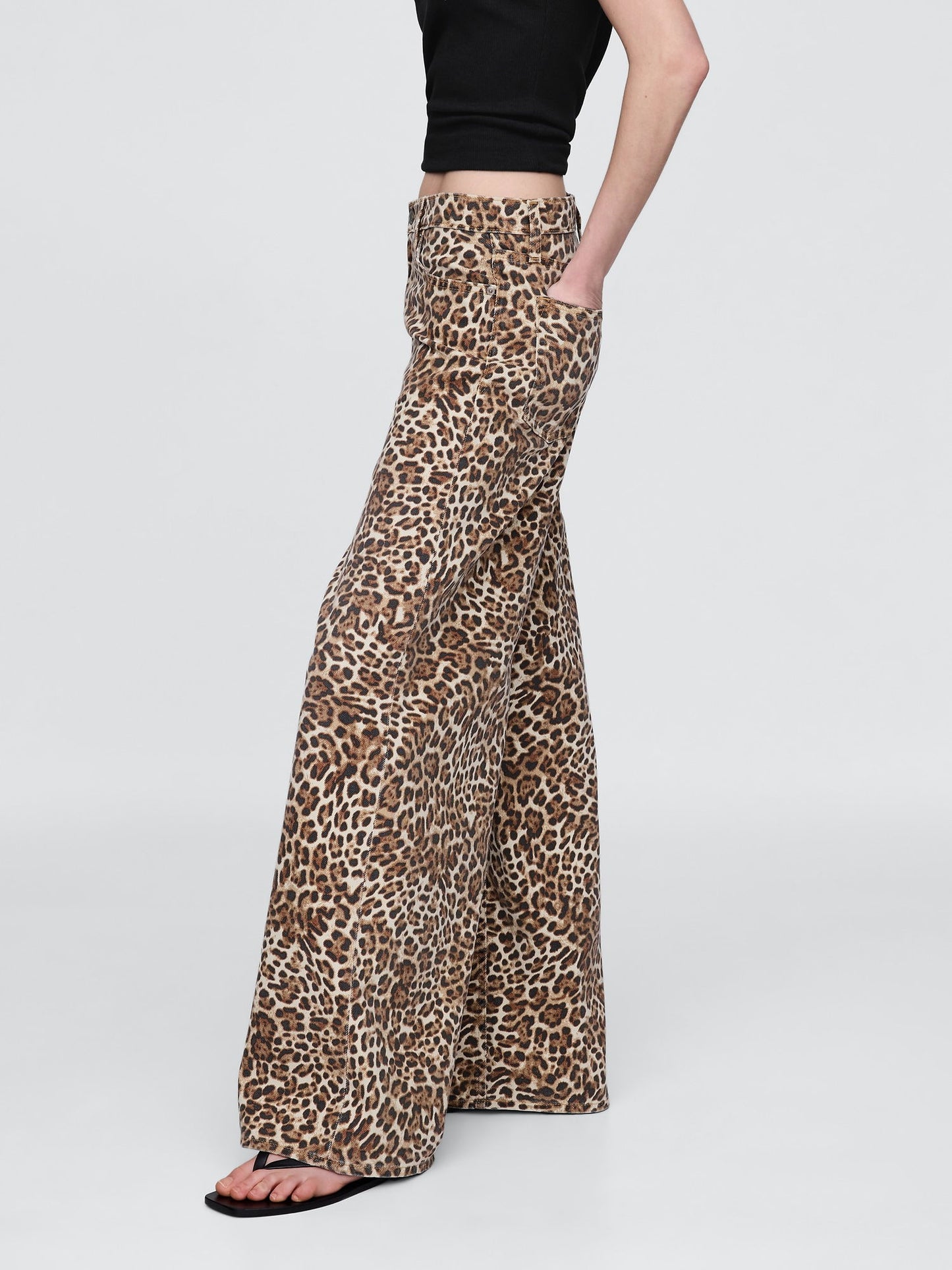 Kahverengi Mid Rise Ultrasoft Leopar Baggy Jean Pantolon