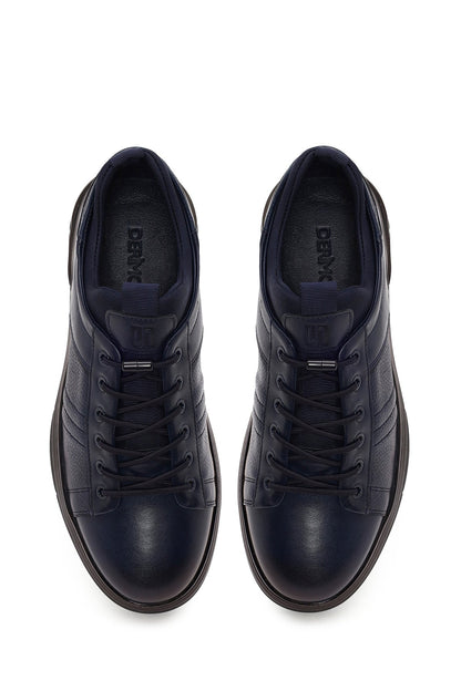 Erkek Lacivert Bağcıklı Deri Sneaker