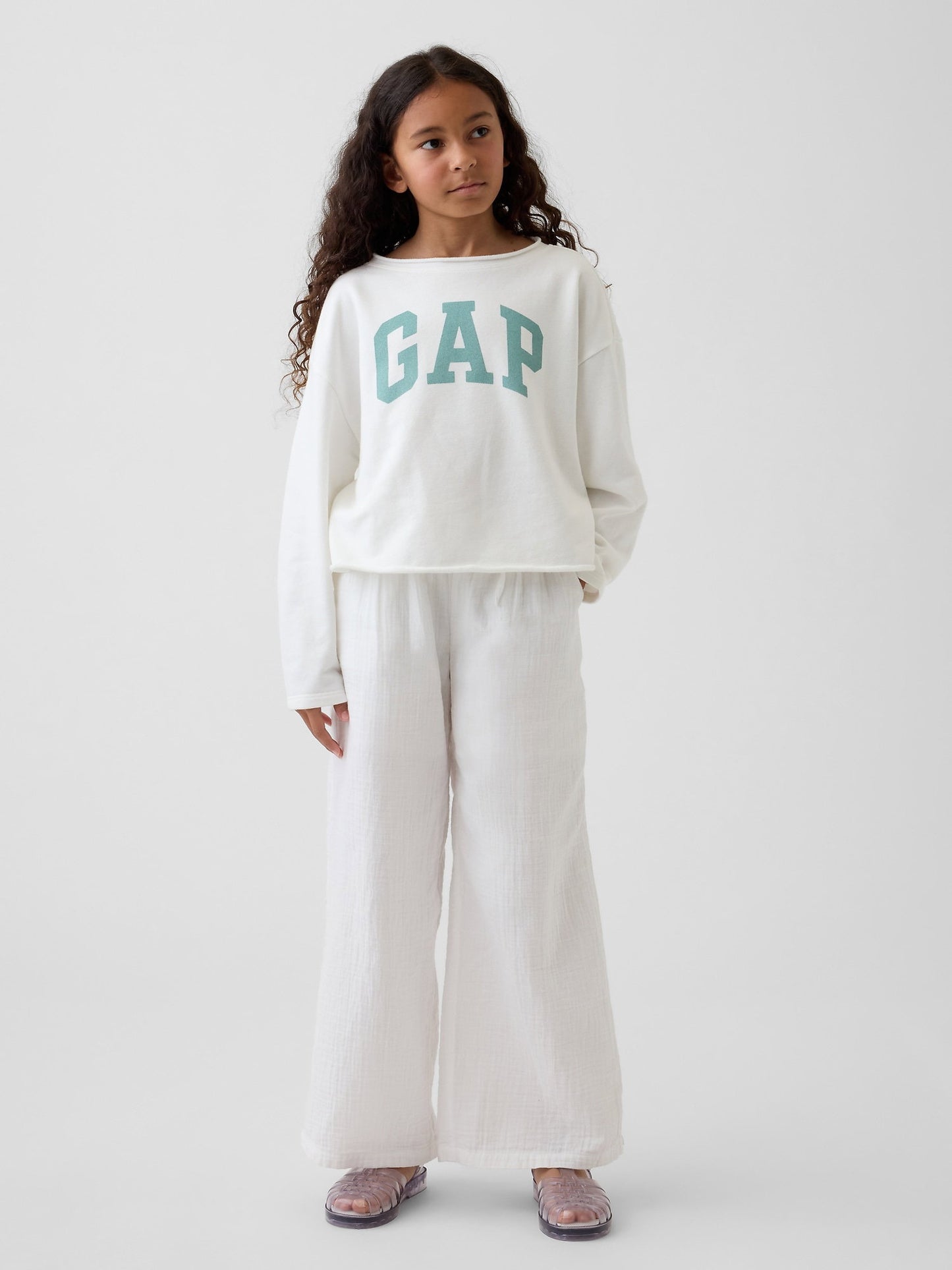 Beyaz Fransız Havlu Kumaş Wide-neck Logo Sweatshirt