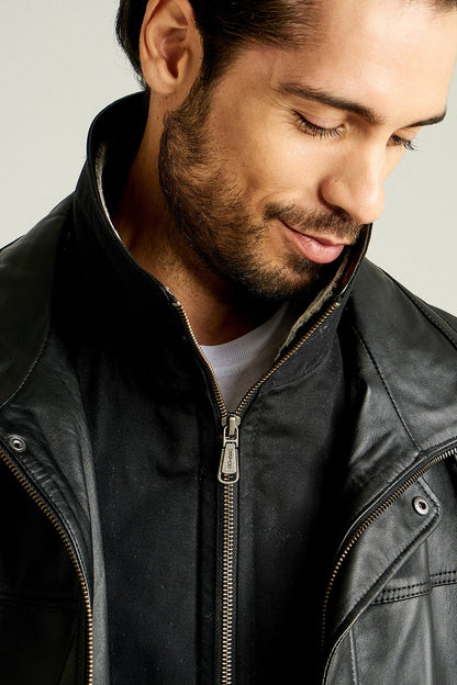 Eduardo Erkek Siyah Çift Yakalı Kürklü Deri Kaban