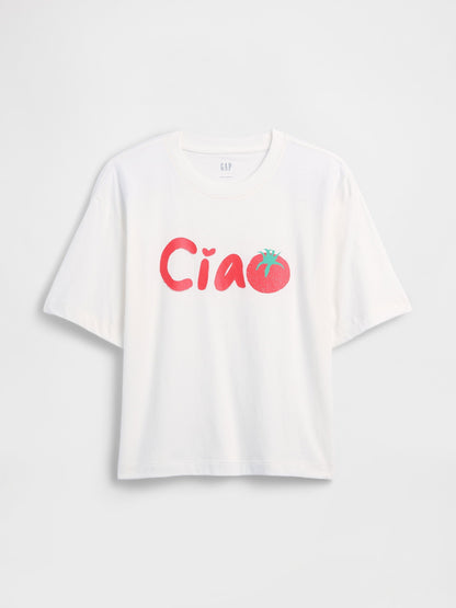Kırık Beyaz Boxy Grafik Baskılı T-shirt
