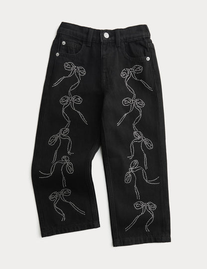 Pamuklu Denim Fiyonk Taş Detaylı Jean (2-8 Yaş)