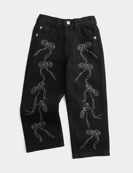 Pamuklu Denim Fiyonk Taş Detaylı Jean (2-8 Yaş)