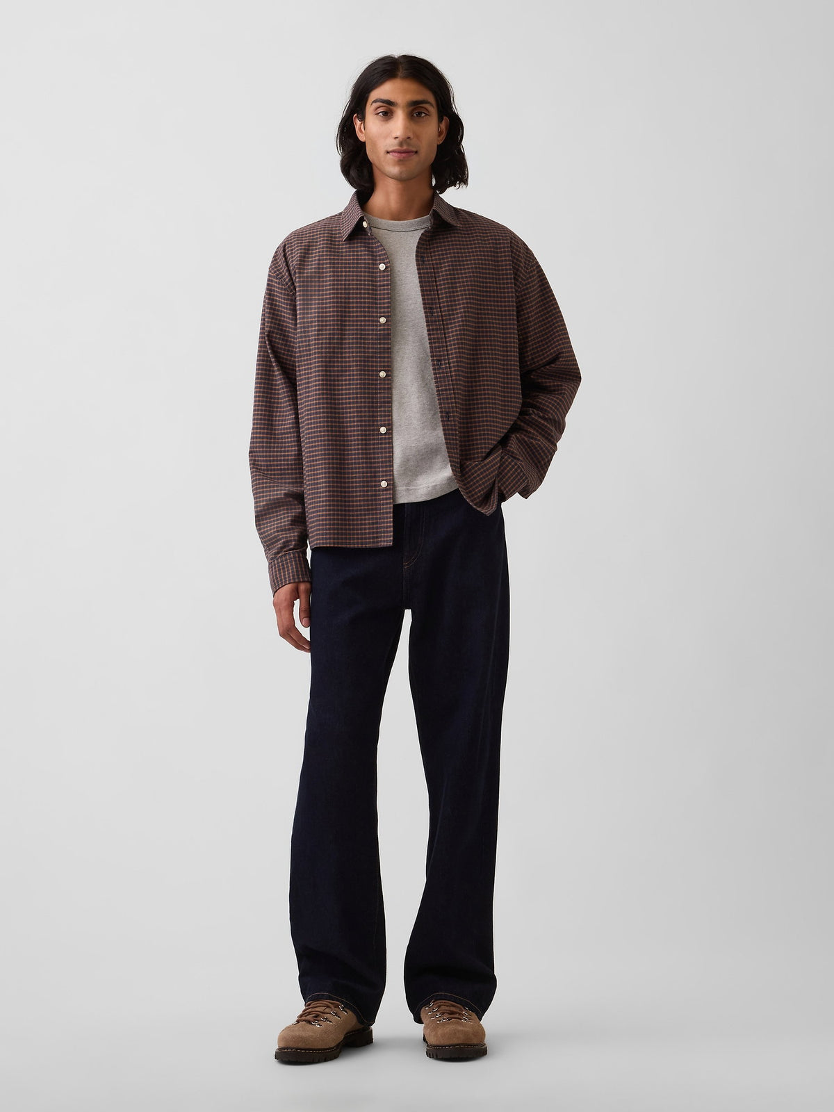 Kahverengi Relaxed Crop Straight-hem Oxford Gömlek