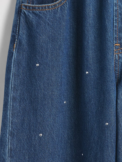 Koyu Mavi High Rise Rhinestone Easy Barrel Jean Pantolon