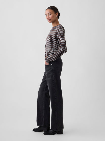 Siyah Low Slung Relaxed Straight Jean Pantolon