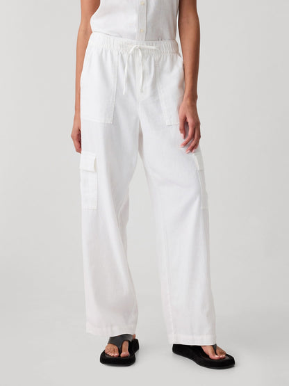 Beyaz Keten Karışımlı Wide-leg Kargo Pull-on Pantolon