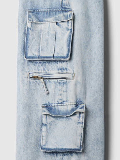 Açık Mavi Mid Rise Double Kargo Baggy Jean Pantolon